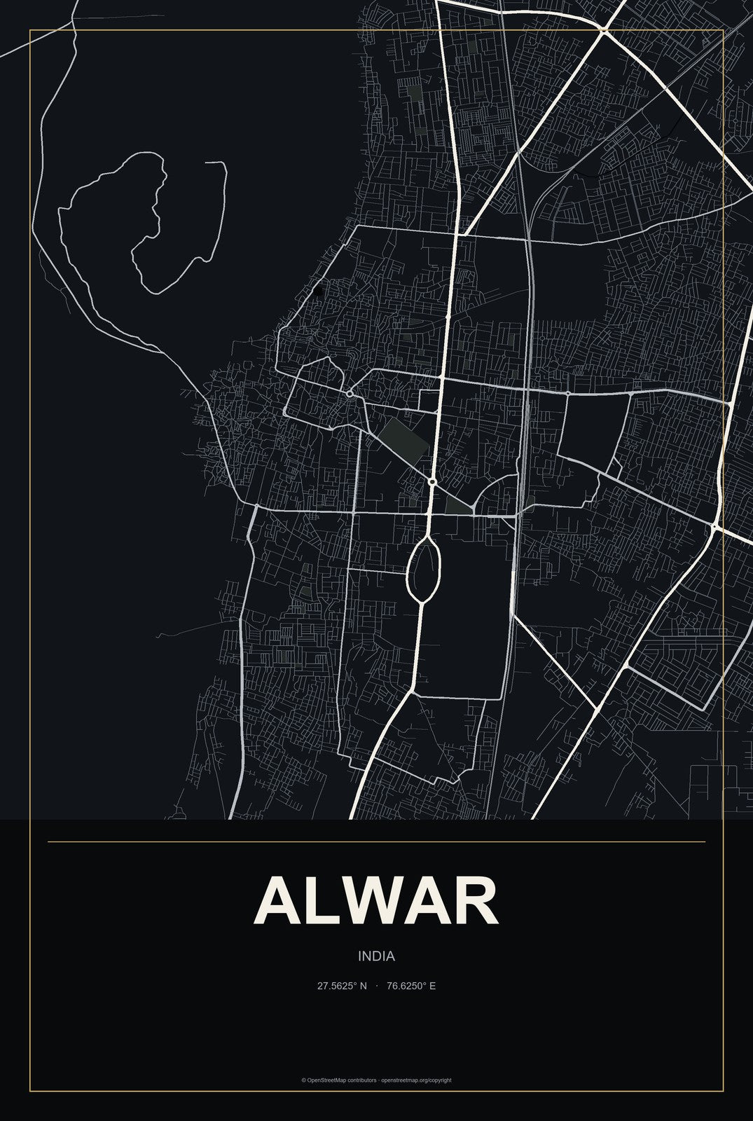 Alwar, India City Map Aluminum Sign in Metropolitan Noir style