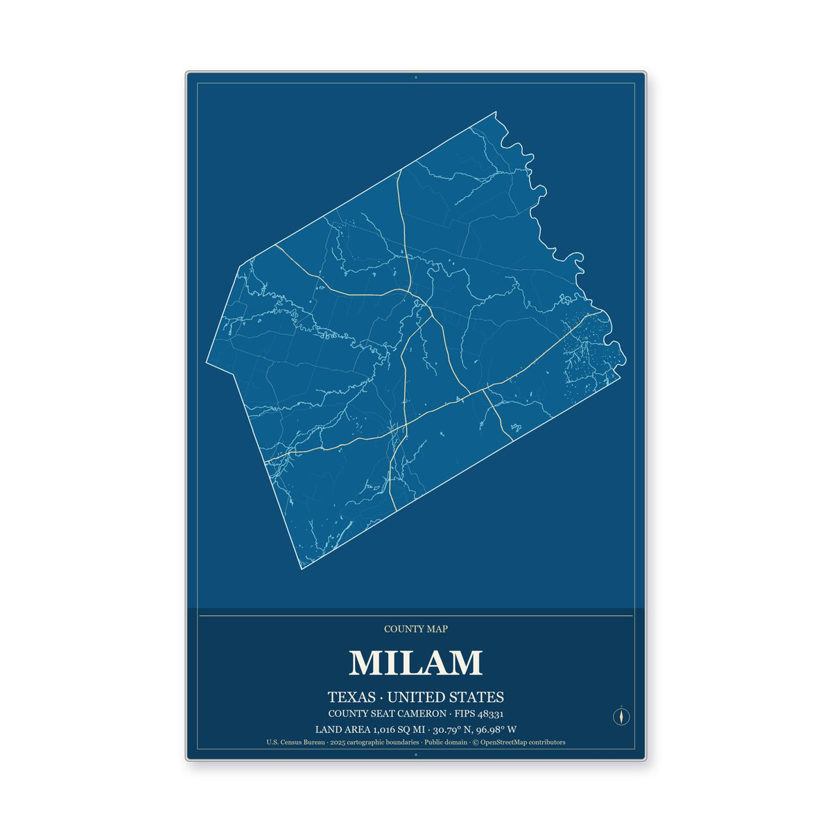 Milam County, Texas Map Aluminum Sign in Harbor Cobalt style