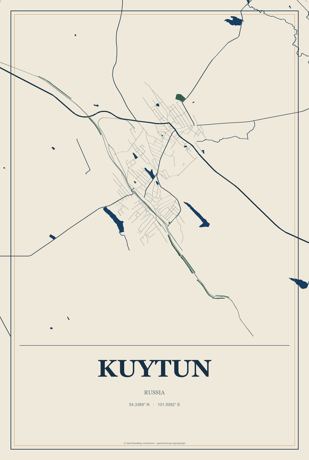 Kuytun, Russia City Map Aluminum Sign in Coastal Cutout style