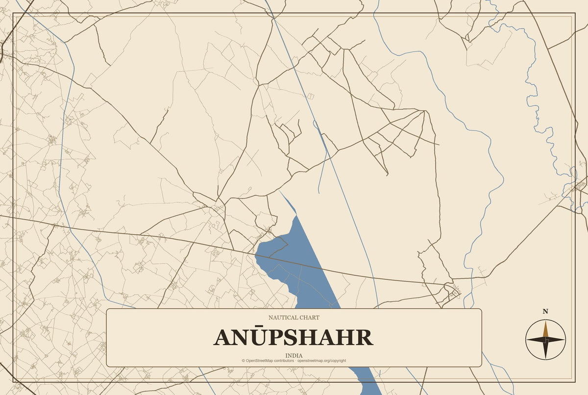 Anūpshahr, India City Map Aluminum Sign in Heritage Nautical style