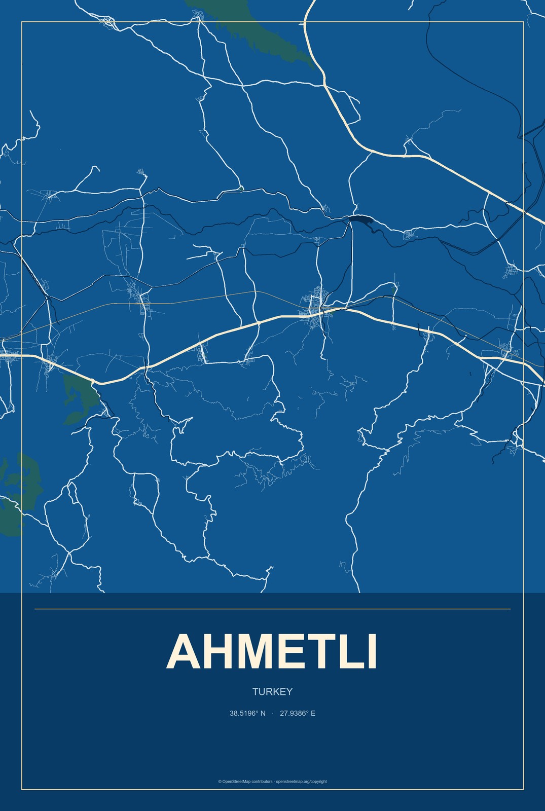 Ahmetli, Turkey City Map Aluminum Sign in Harbor Cobalt style