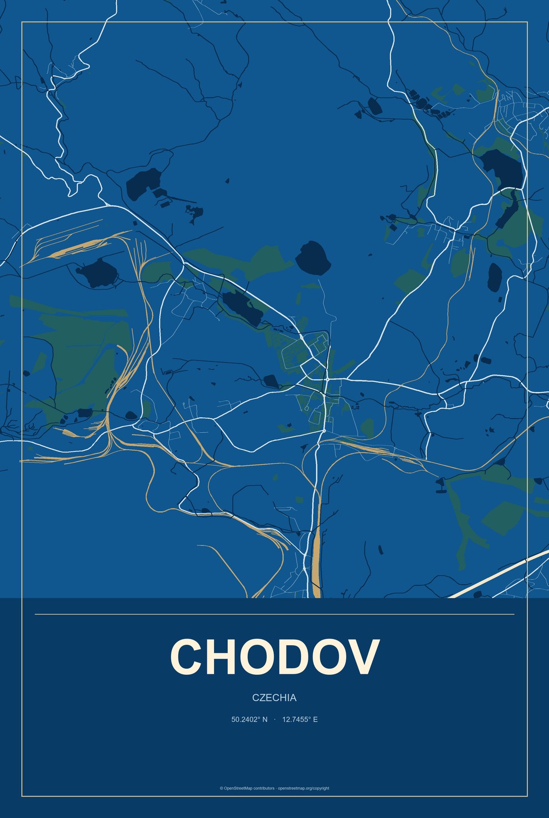 Chodov, Czechia City Map Aluminum Sign in Harbor Cobalt style