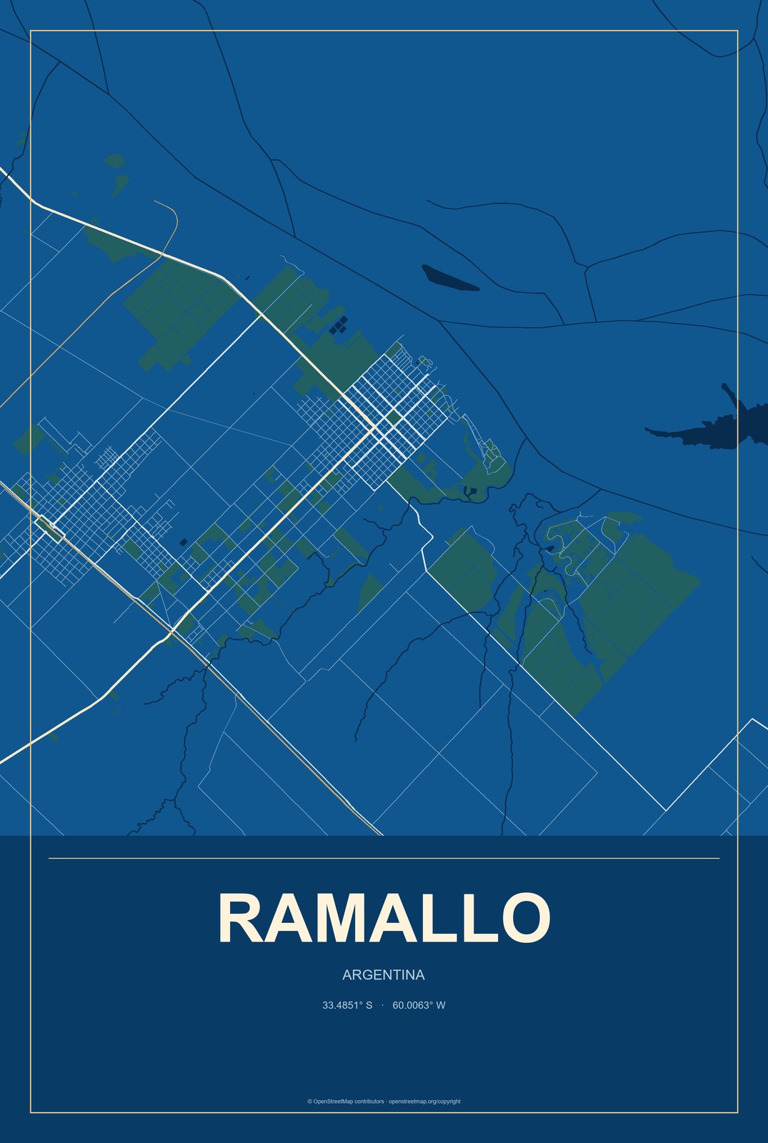 Ramallo, Argentina City Map Aluminum Sign in Harbor Cobalt style
