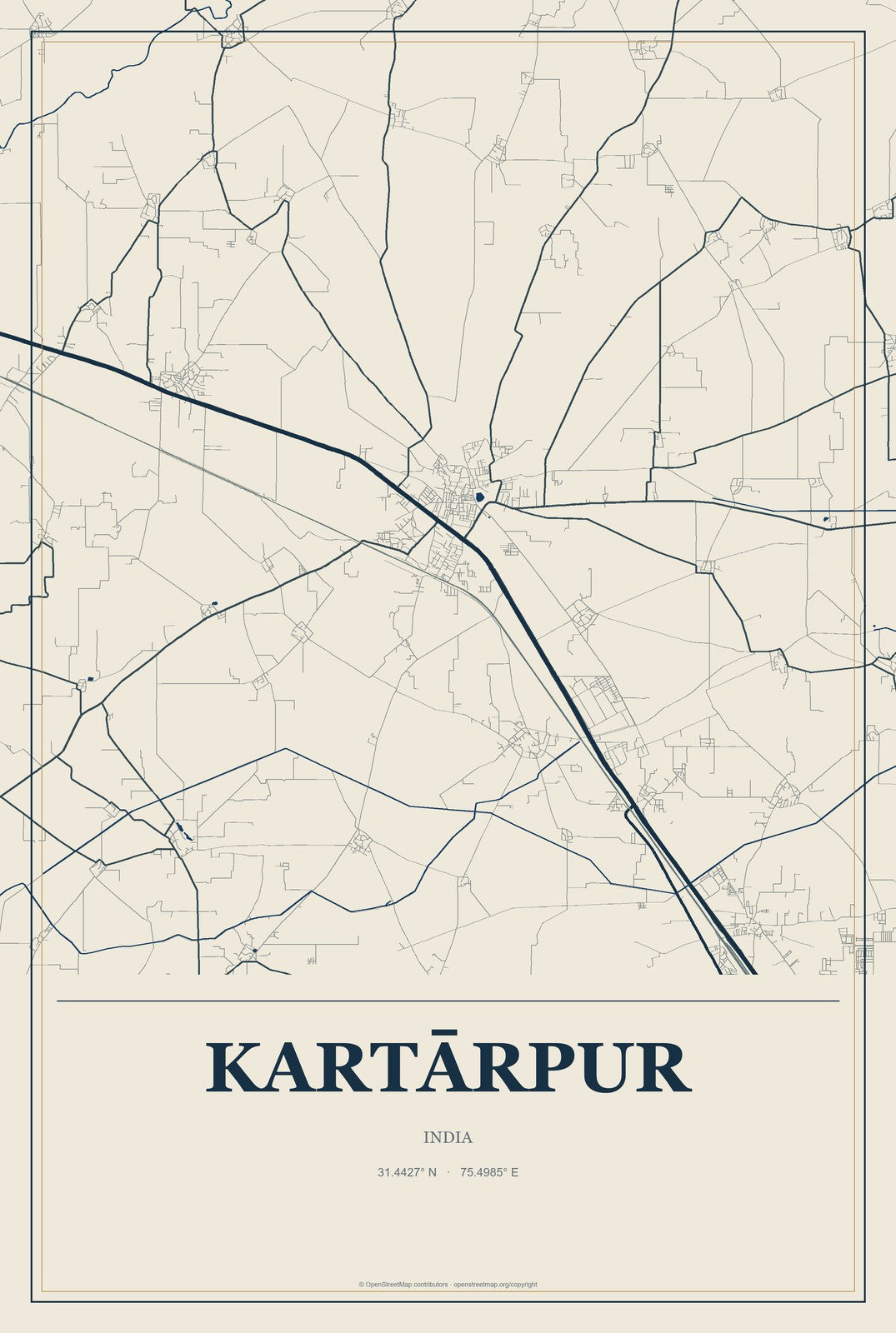 Kartārpur, India City Map Aluminum Sign in Coastal Cutout style