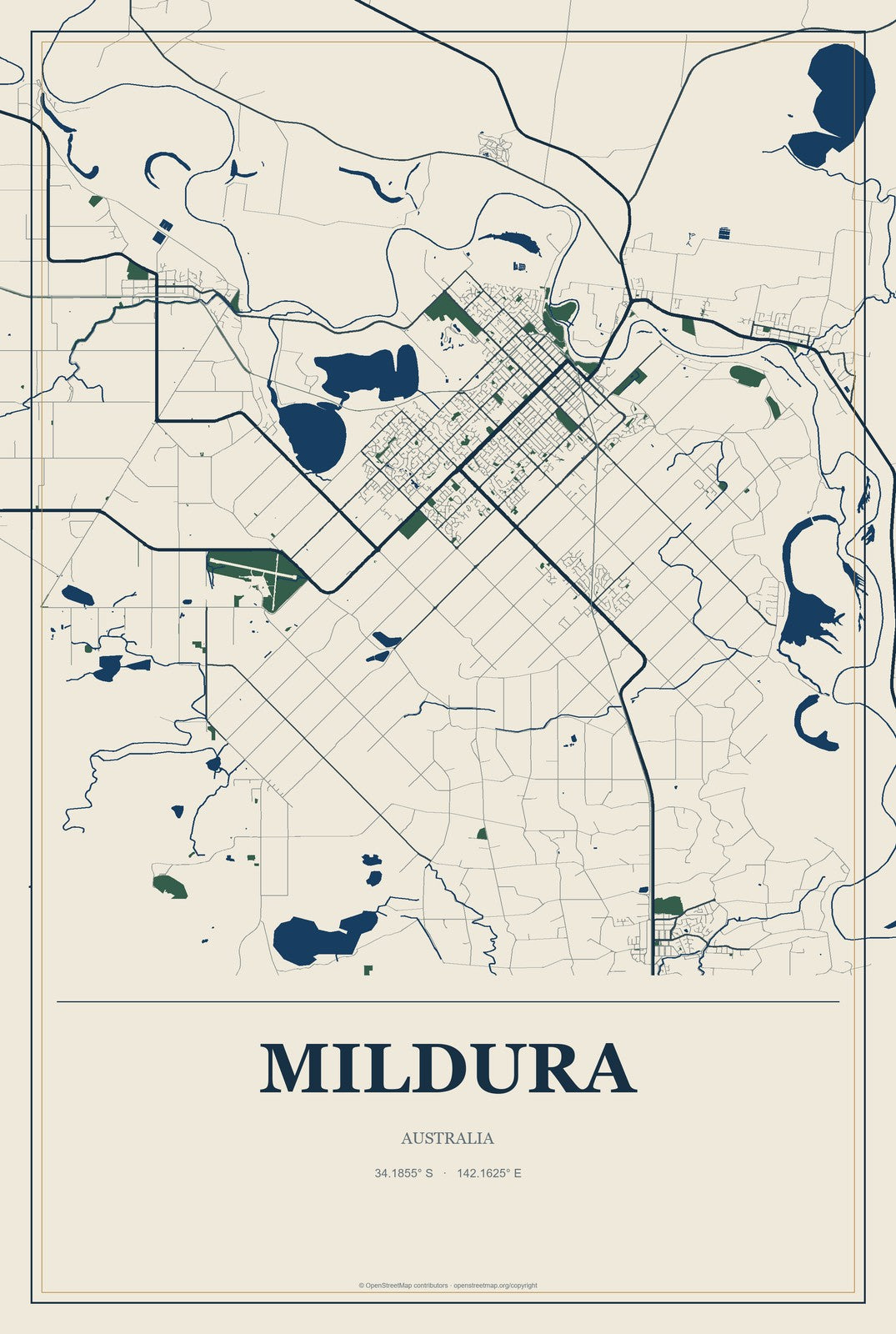 Mildura, Australia City Map Aluminum Sign in Coastal Cutout style
