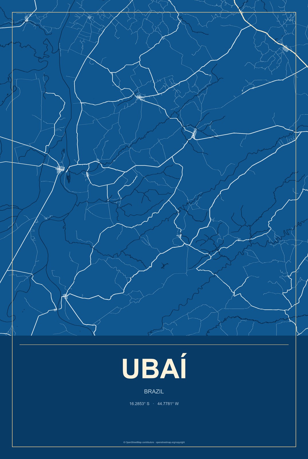 Ubaí, Brazil City Map Aluminum Sign in Harbor Cobalt style