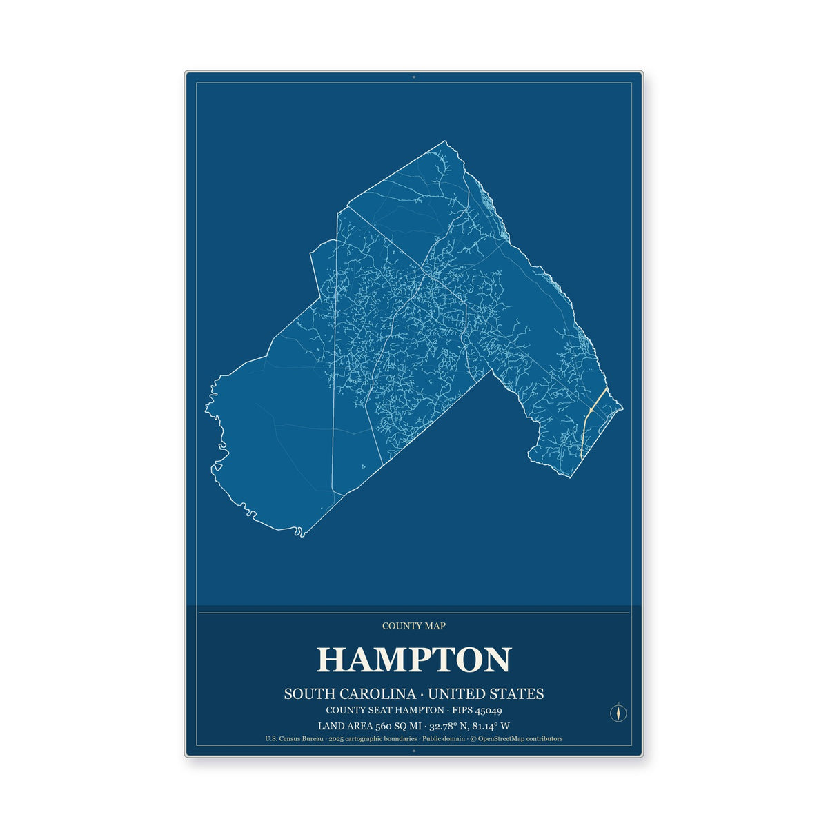 Hampton County, South Carolina Map Aluminum Sign in Harbor Cobalt style