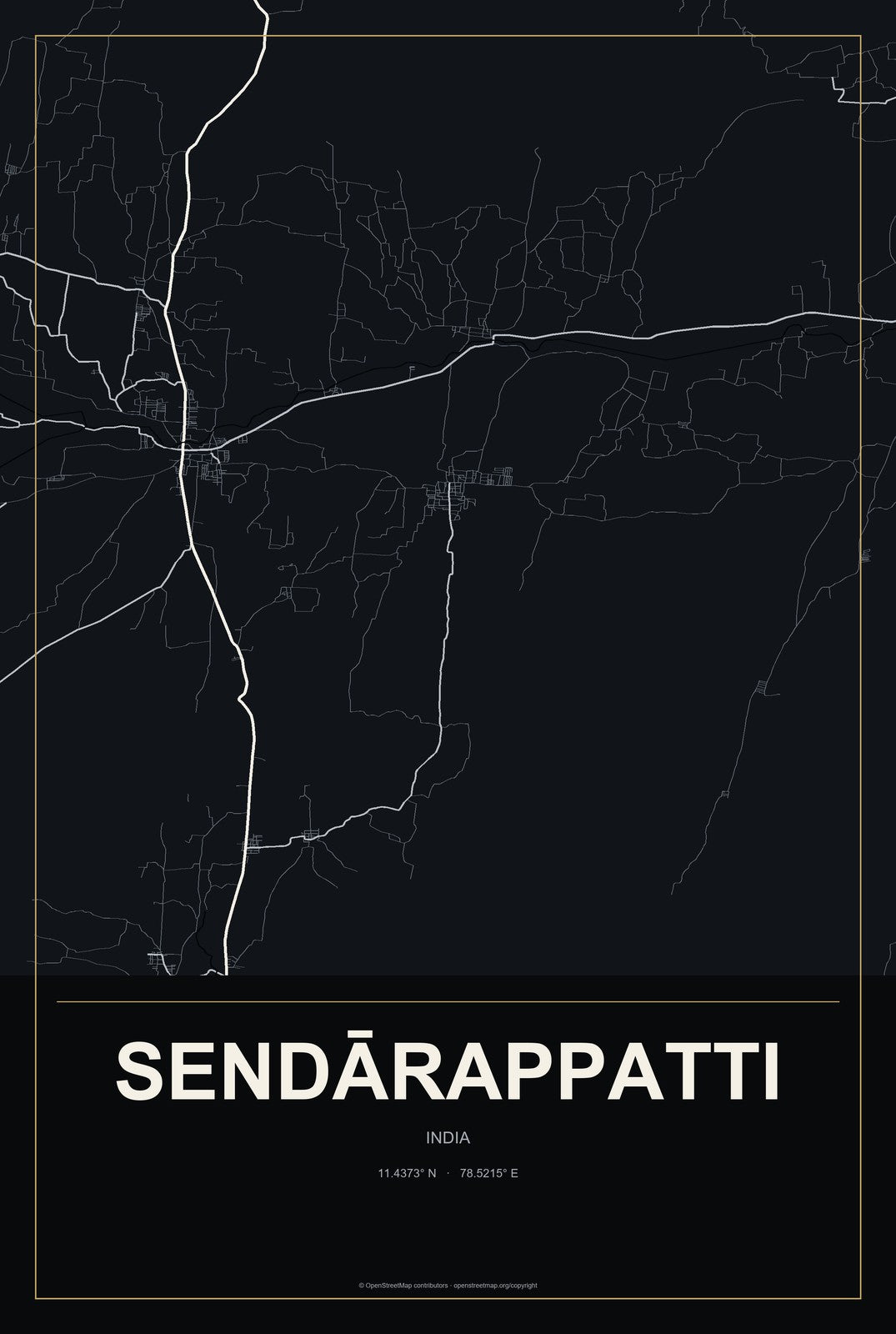 Sendārappatti, India City Map Aluminum Sign in Metropolitan Noir style