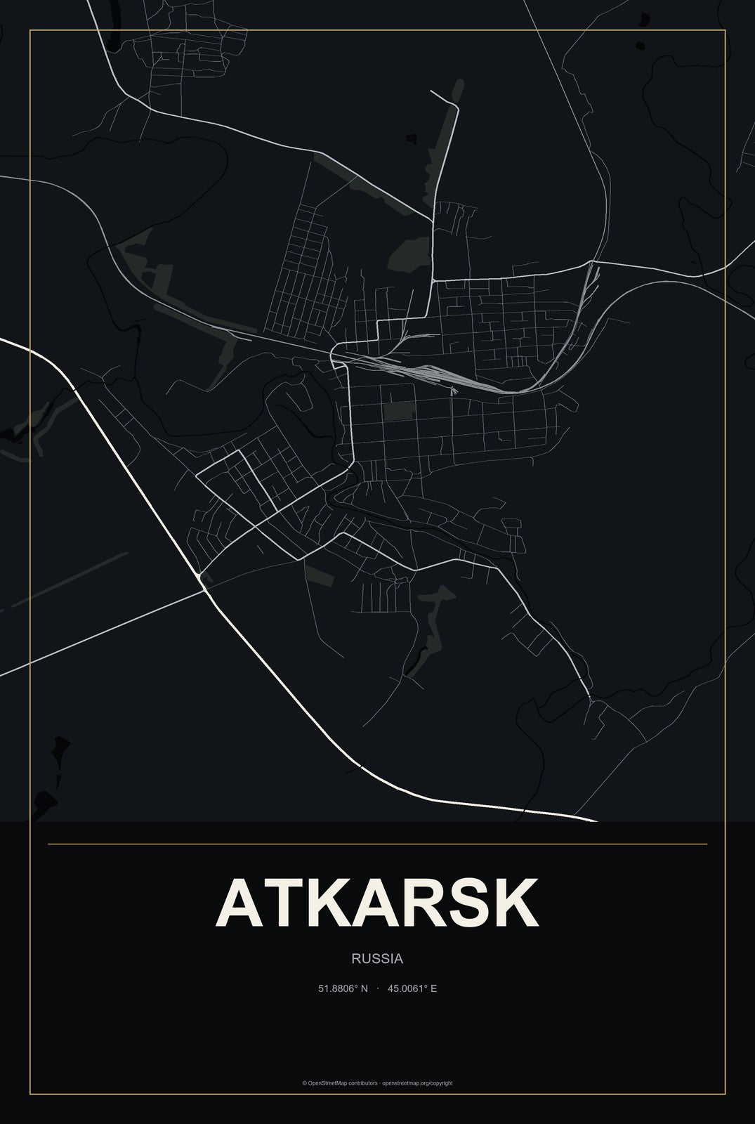 Atkarsk, Russia City Map Aluminum Sign in Metropolitan Noir style