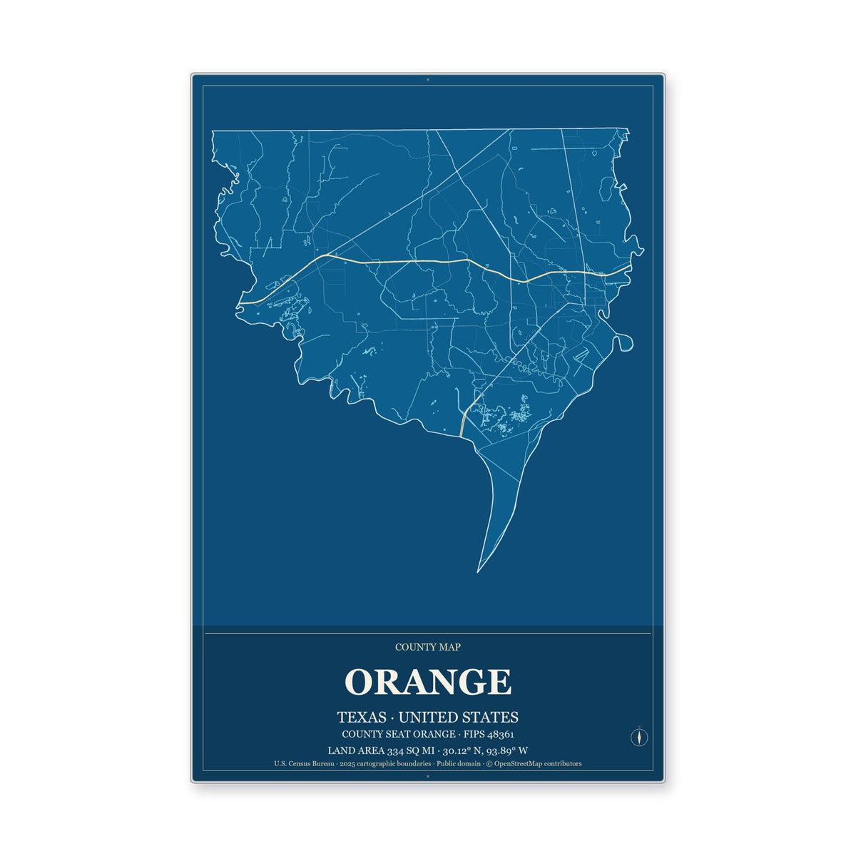 Orange County, Texas Map Aluminum Sign in Harbor Cobalt style