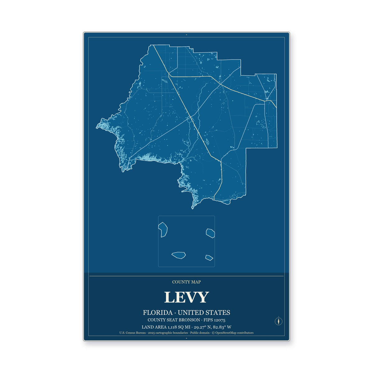 Levy County, Florida Map Aluminum Sign in Harbor Cobalt style