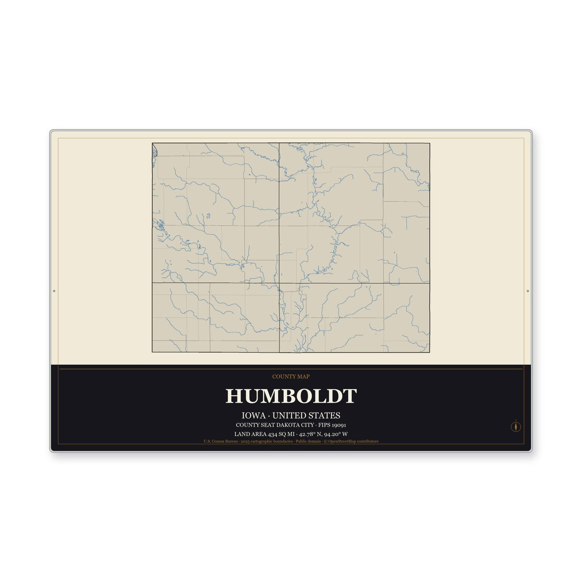 Humboldt County, Iowa Map Aluminum Sign in Museum Plaque style