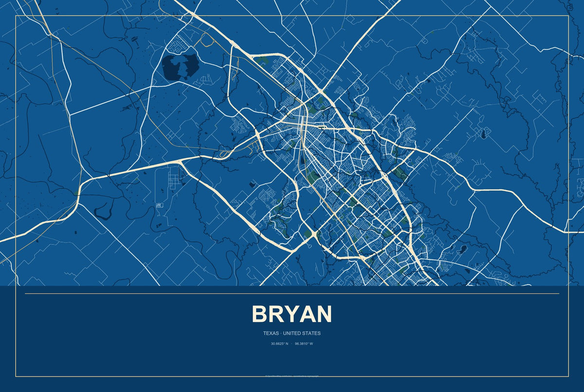 Bryan, Texas City Map Aluminum Sign in Harbor Cobalt style