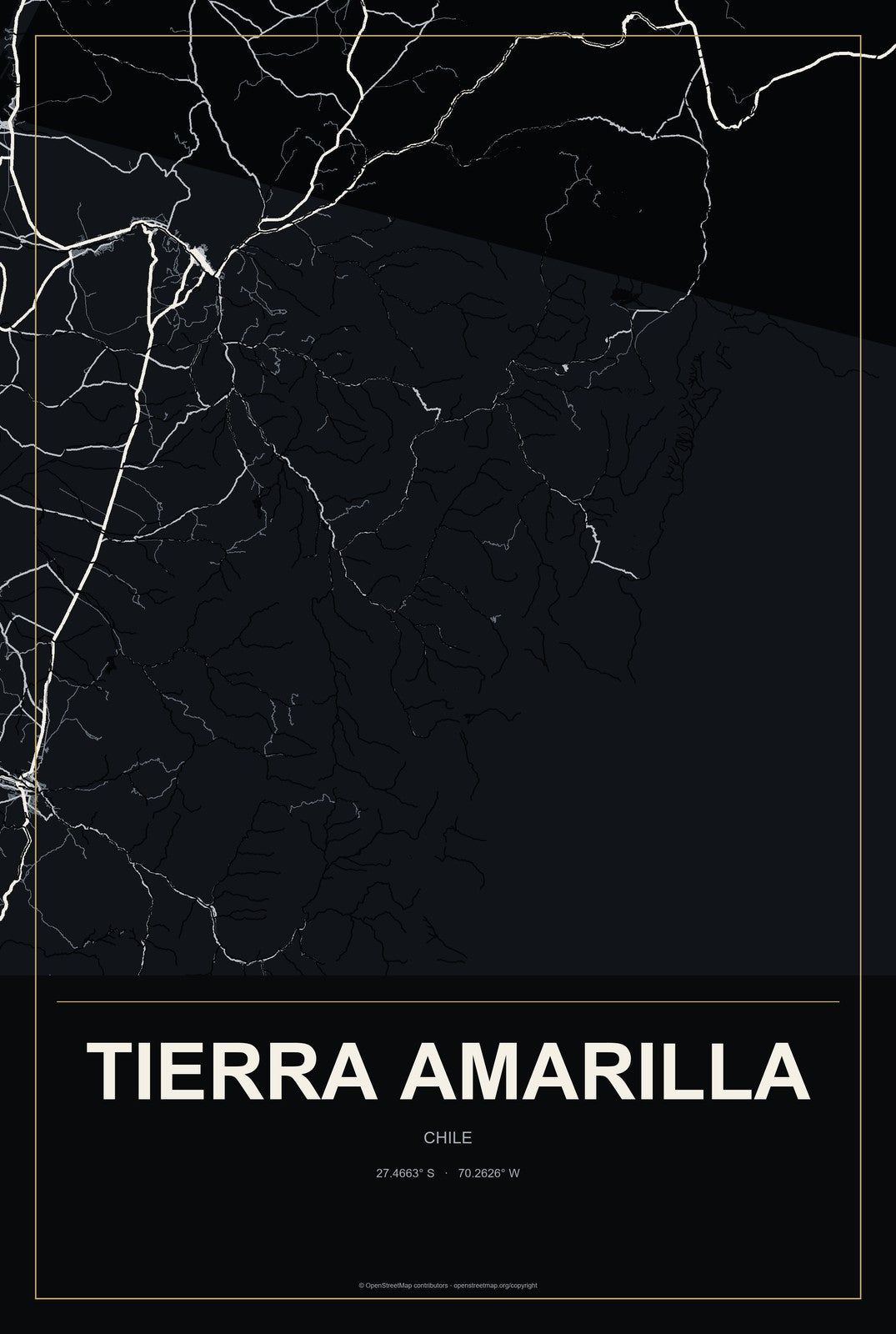 Tierra Amarilla, Chile City Map Aluminum Sign in Metropolitan Noir style