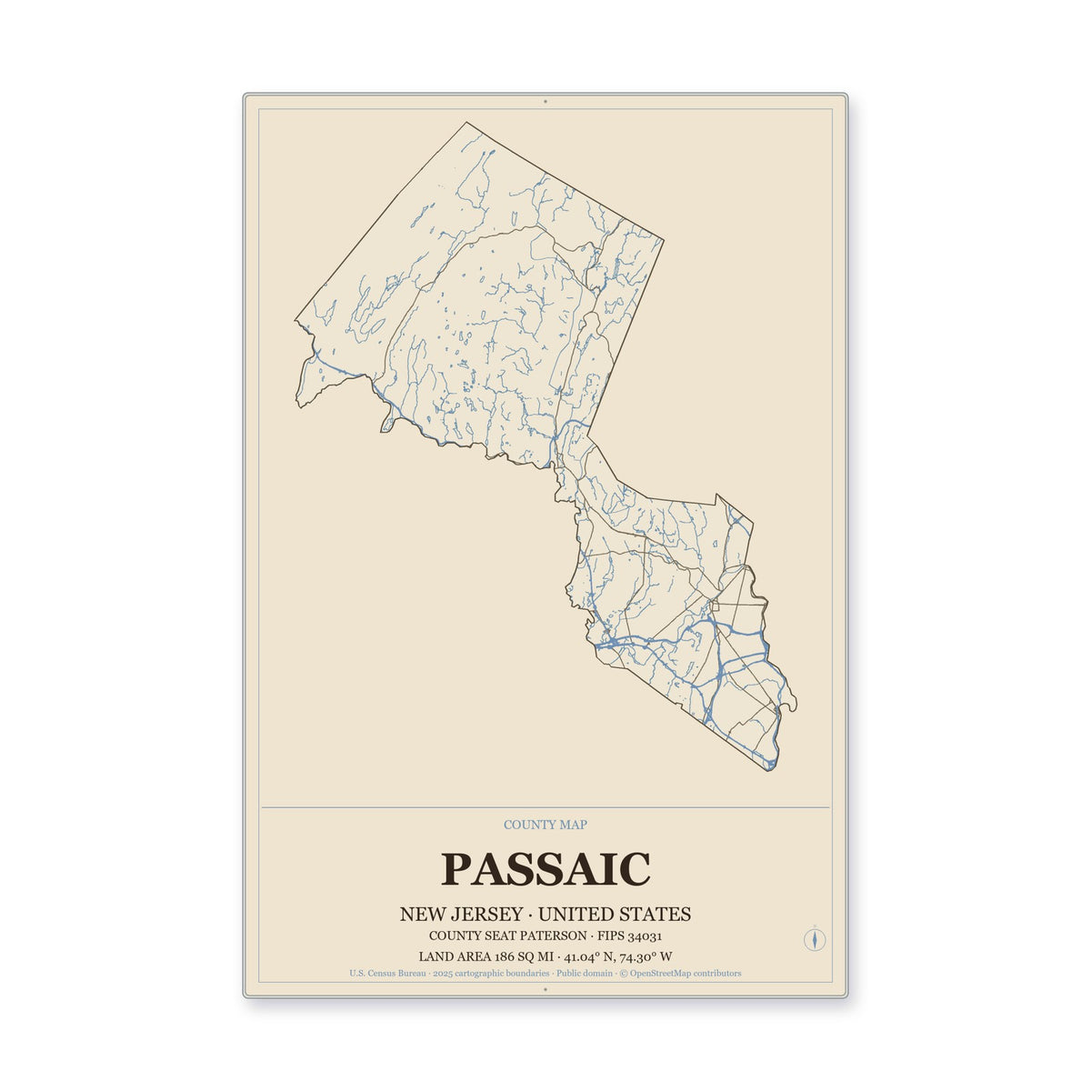 Passaic County, New Jersey Map Aluminum Sign in Heritage Nautical style