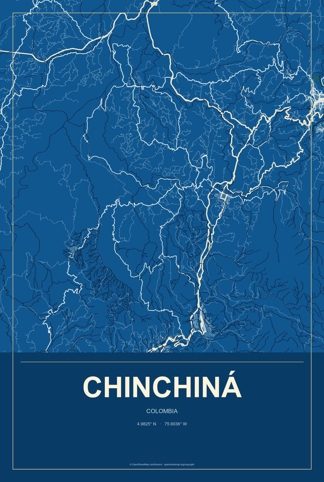 Chinchiná, Colombia City Map Aluminum Sign in Harbor Cobalt style