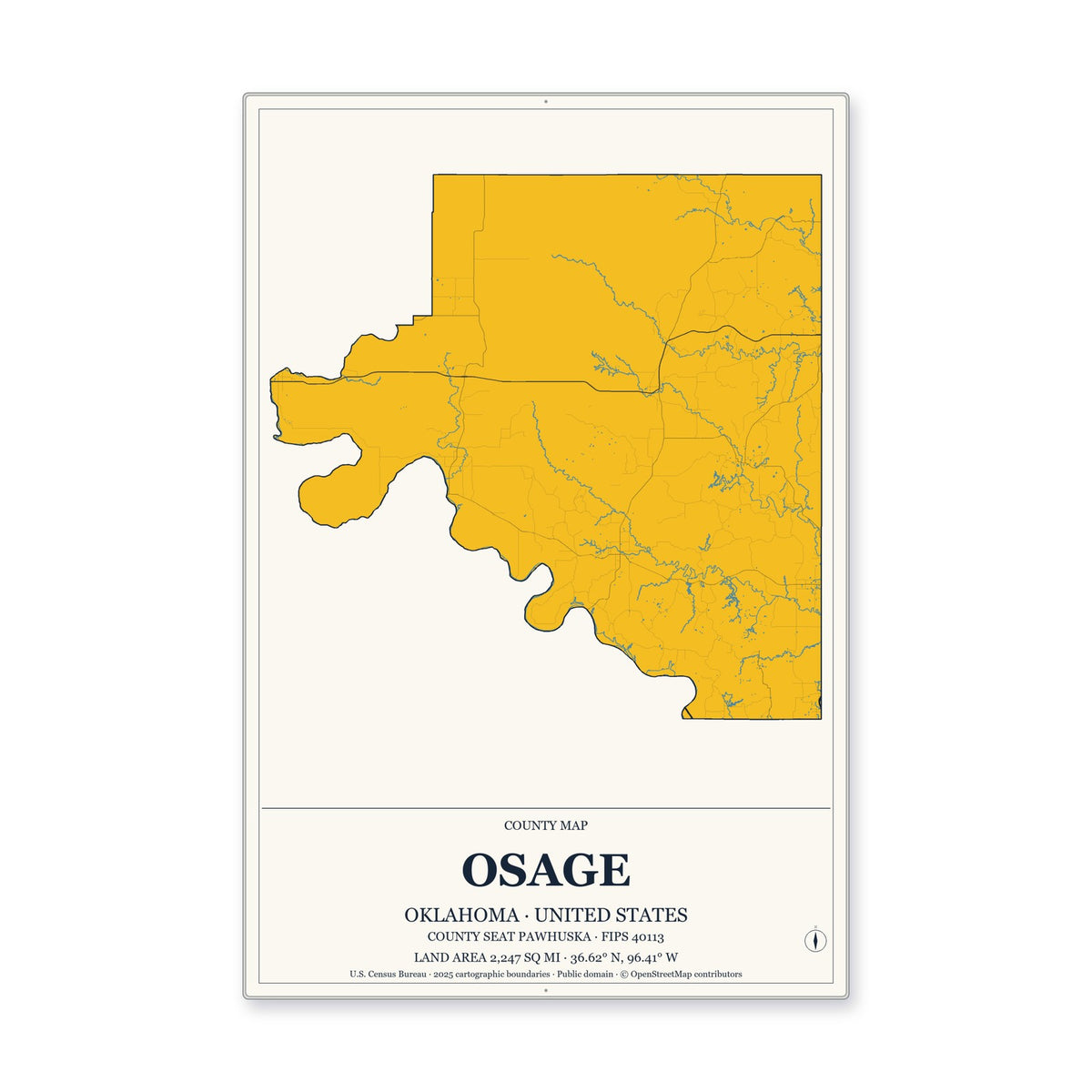 Osage County, Oklahoma Map Aluminum Sign in Citrine Modern style