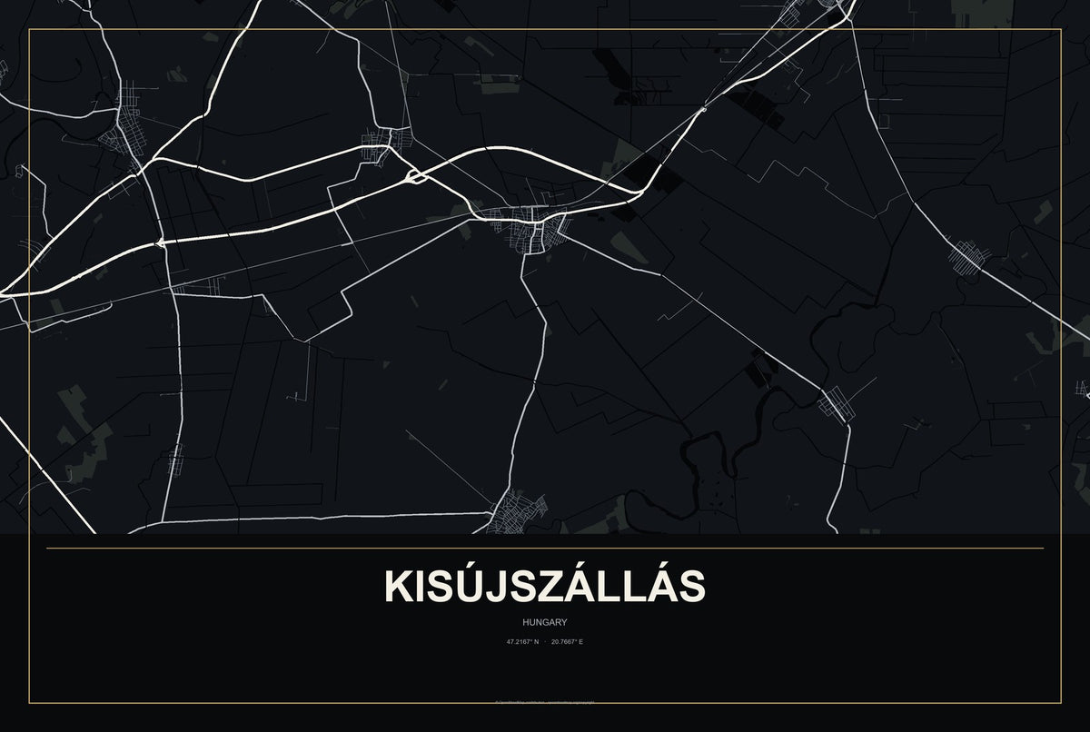 Kisújszállás, Hungary City Map Aluminum Sign in Metropolitan Noir style