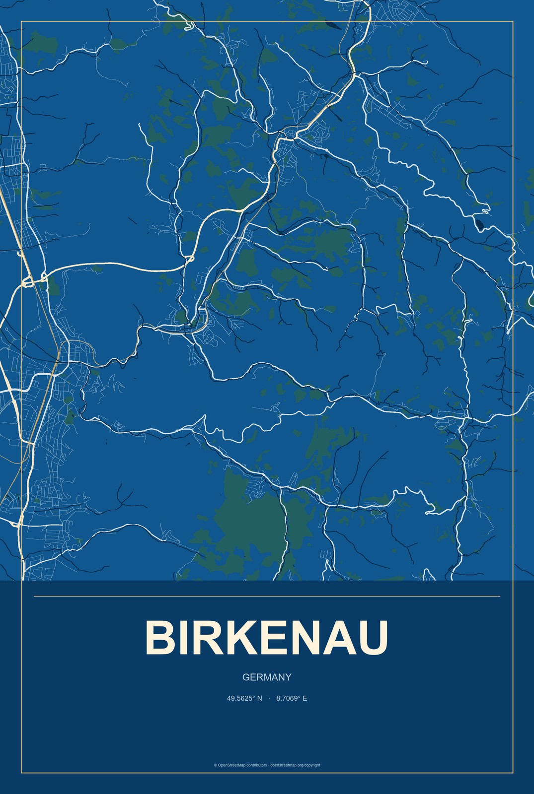 Birkenau, Germany City Map Aluminum Sign in Harbor Cobalt style