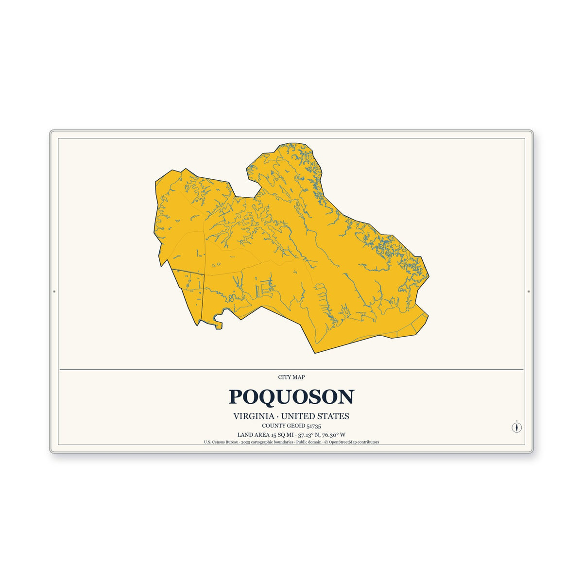 Poquoson city, Virginia Map Aluminum Sign in Citrine Modern style