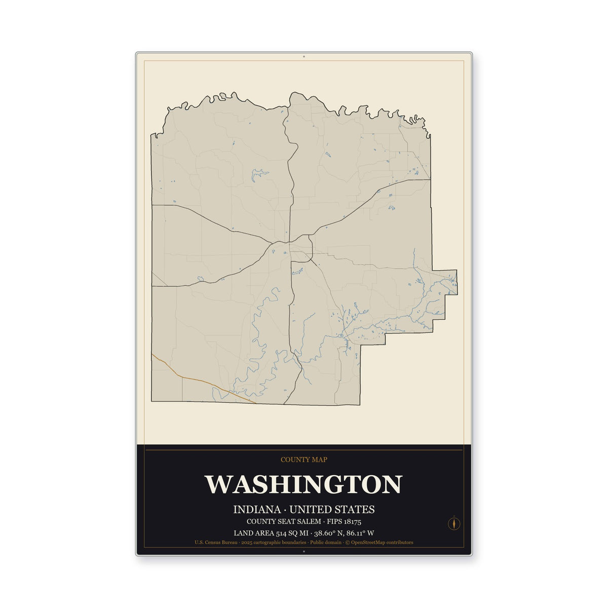 Washington County, Indiana Map Aluminum Sign in Museum Plaque style