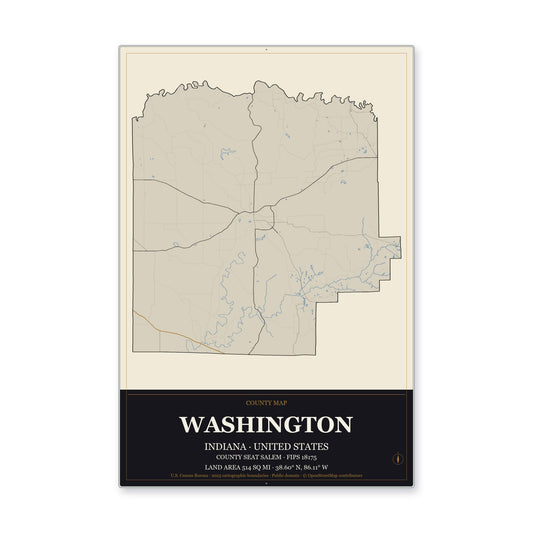 Washington County, Indiana Map Aluminum Sign in Museum Plaque style