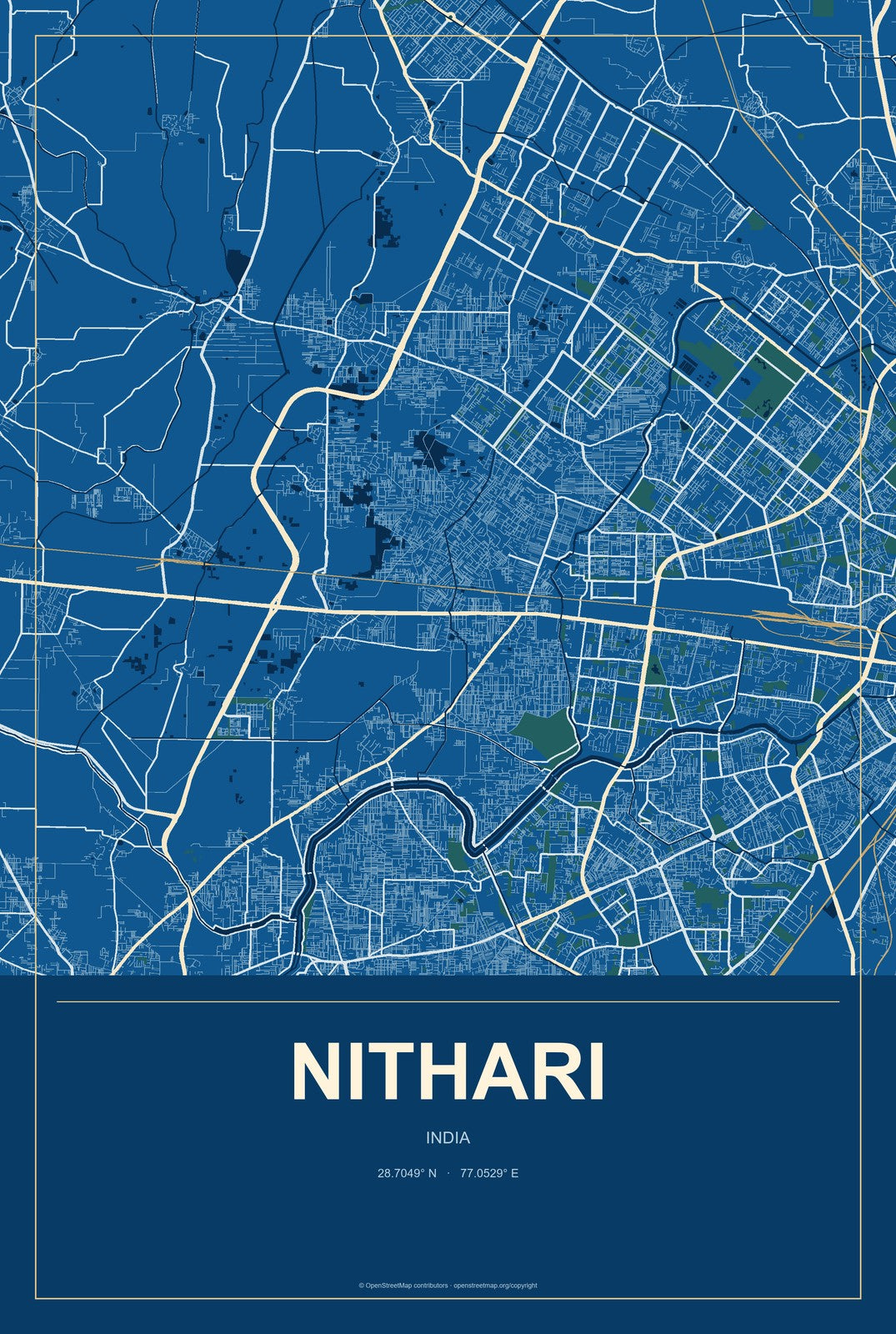 Nithari, India City Map Aluminum Sign in Harbor Cobalt style