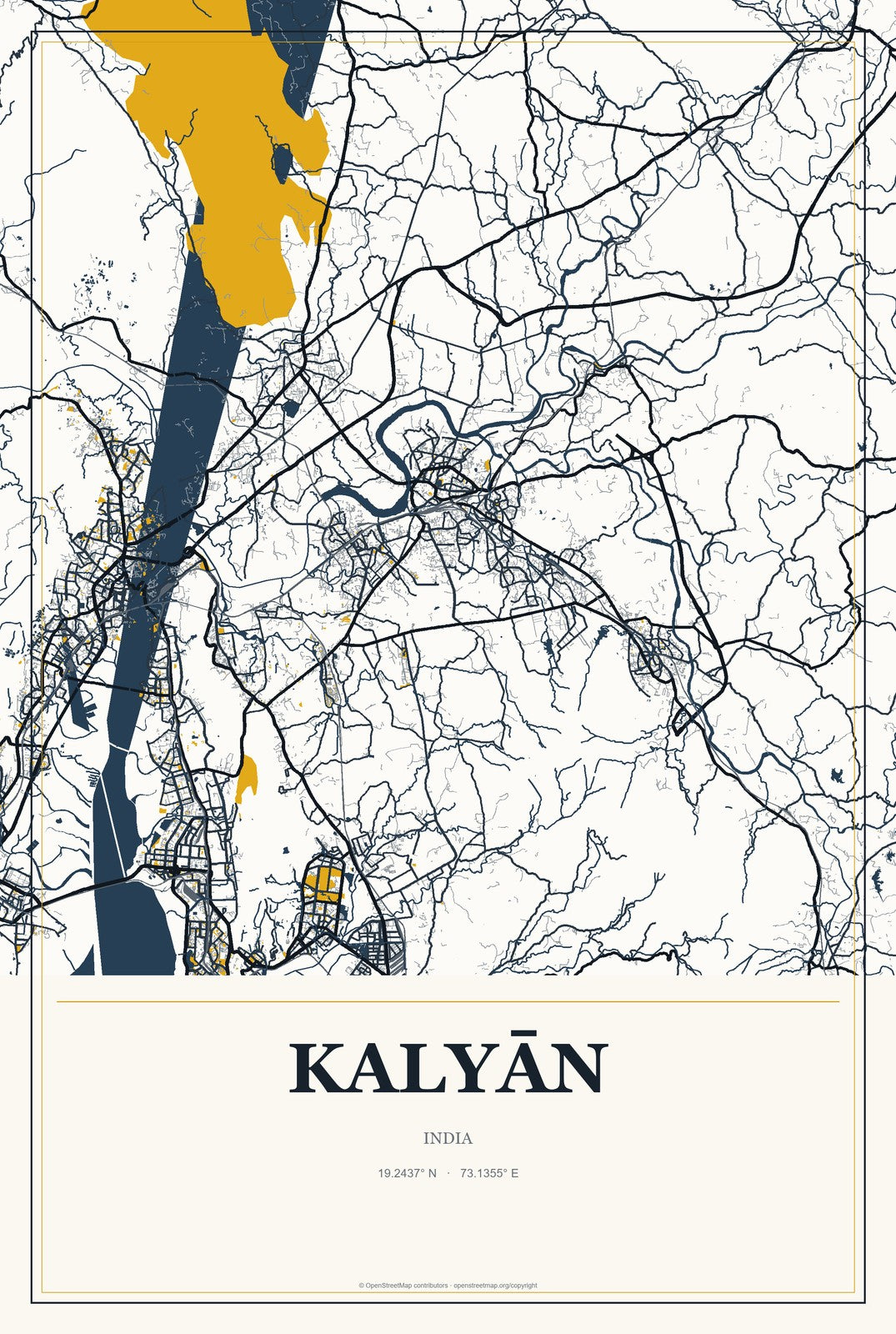 Kalyān, India City Map Aluminum Sign in Citrine Modern style