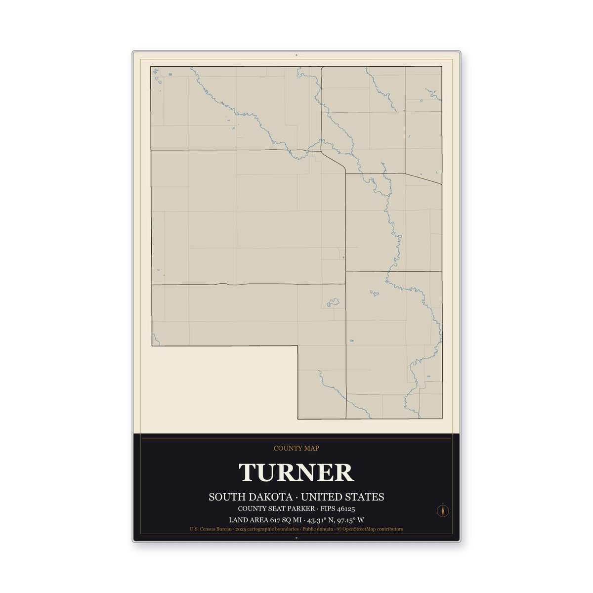 Turner County, South Dakota Map Aluminum Sign in Museum Plaque style