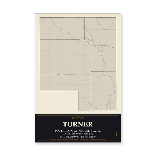 Turner County, South Dakota Map Aluminum Sign in Museum Plaque style