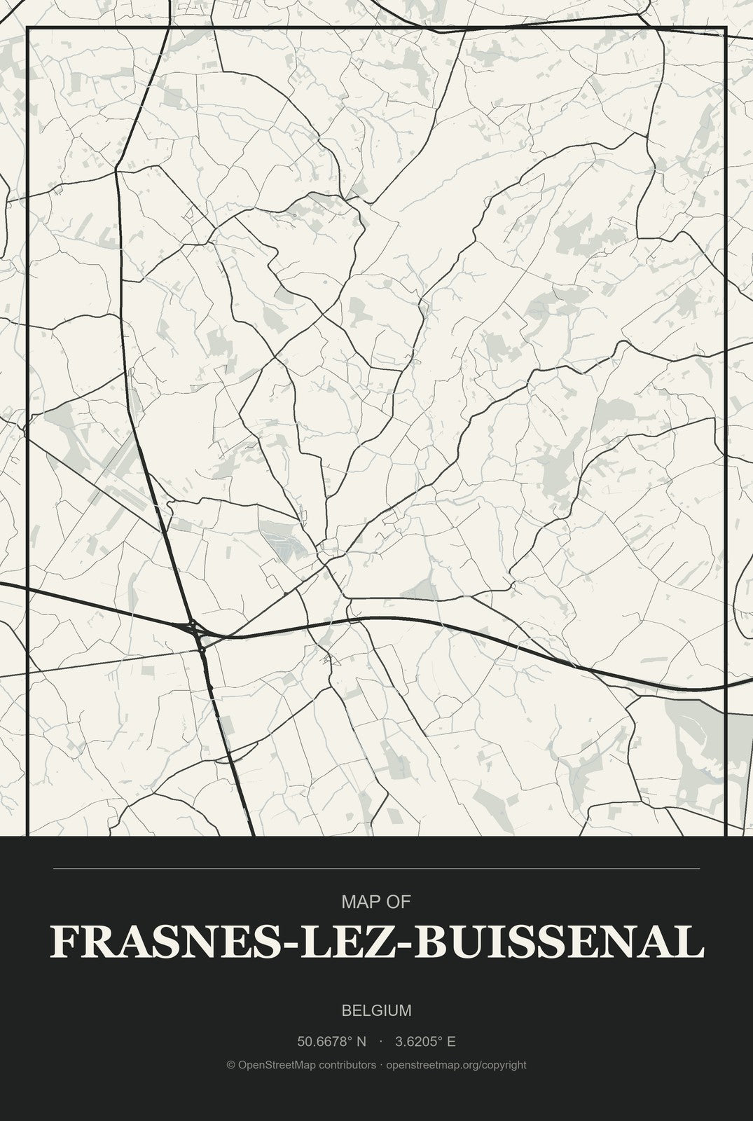 Frasnes-lez-Buissenal, Belgium City Map Aluminum Sign in Museum Plaque style