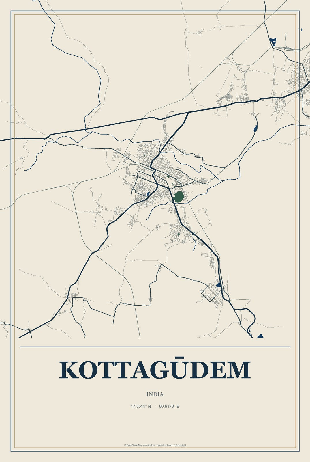 Kottagūdem, India City Map Aluminum Sign in Coastal Cutout style