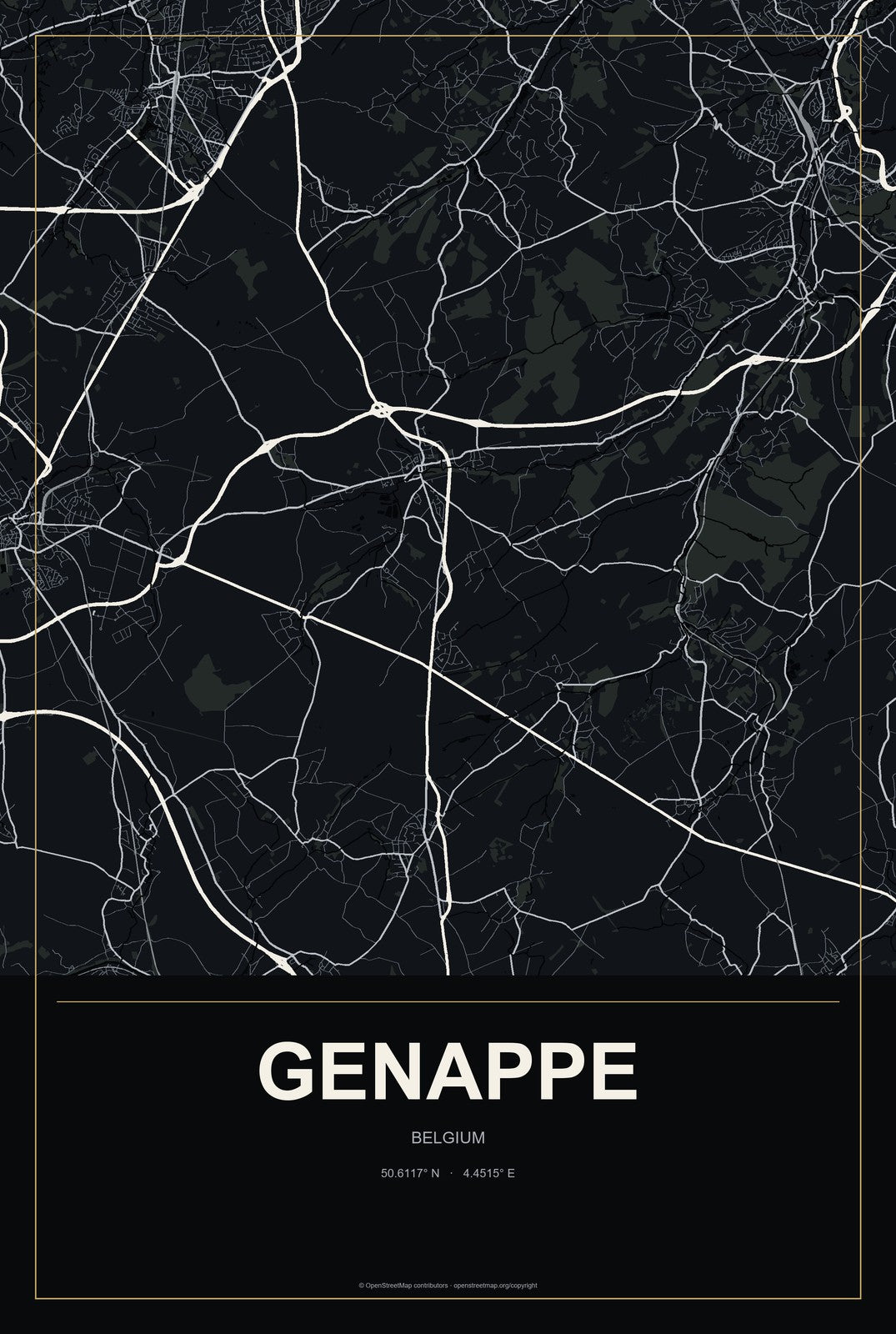 Genappe, Belgium City Map Aluminum Sign in Metropolitan Noir style