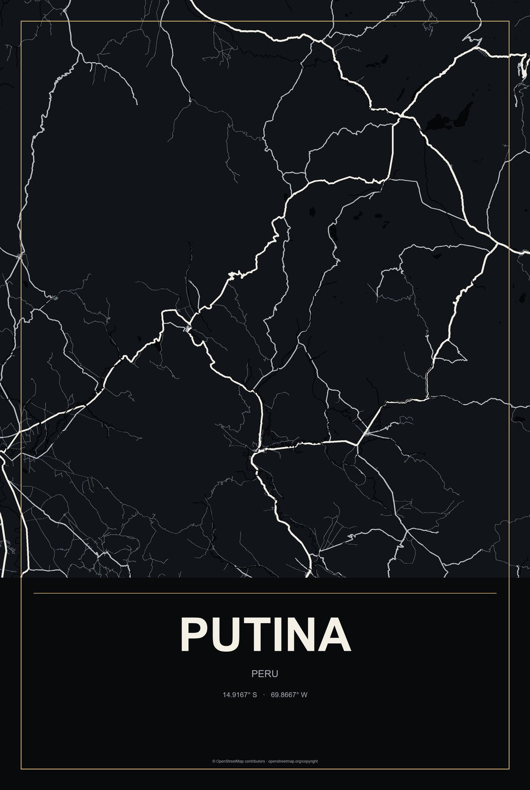Putina, Peru City Map Aluminum Sign in Metropolitan Noir style