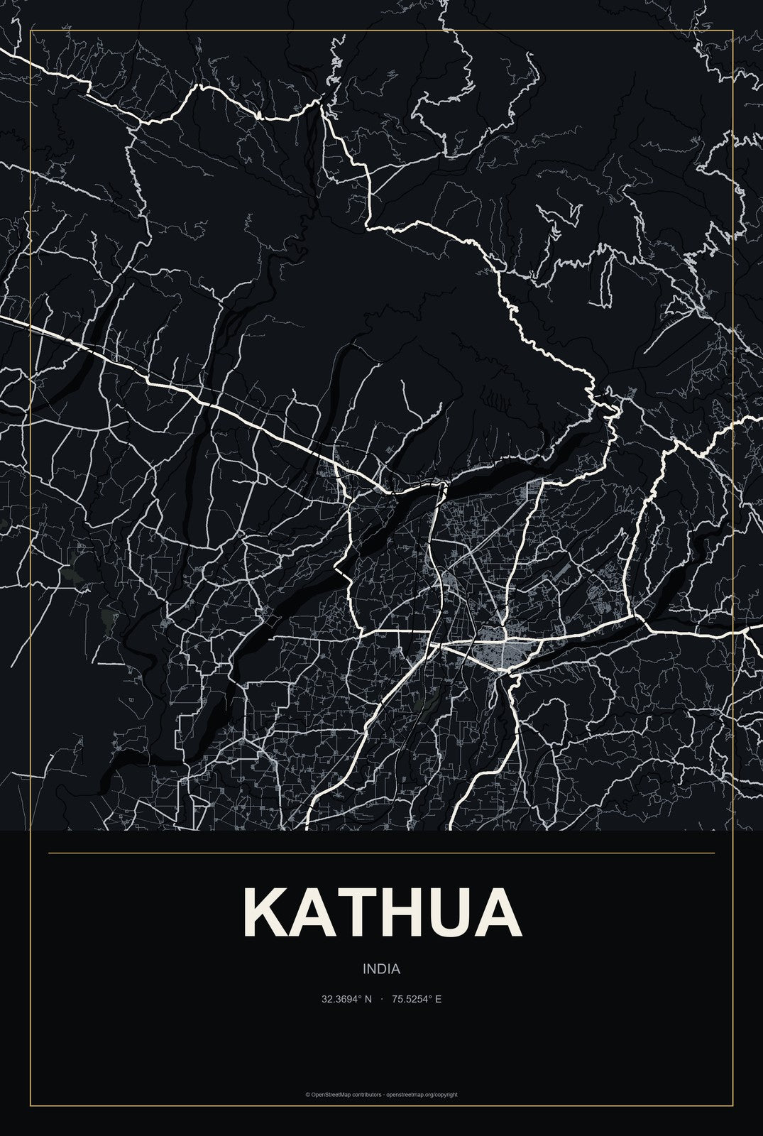 Kathua, India City Map Aluminum Sign in Metropolitan Noir style