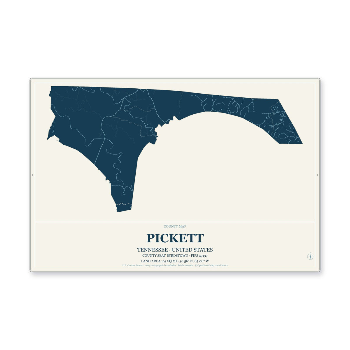 Pickett County, Tennessee Map Aluminum Sign in Coastal Cutout style