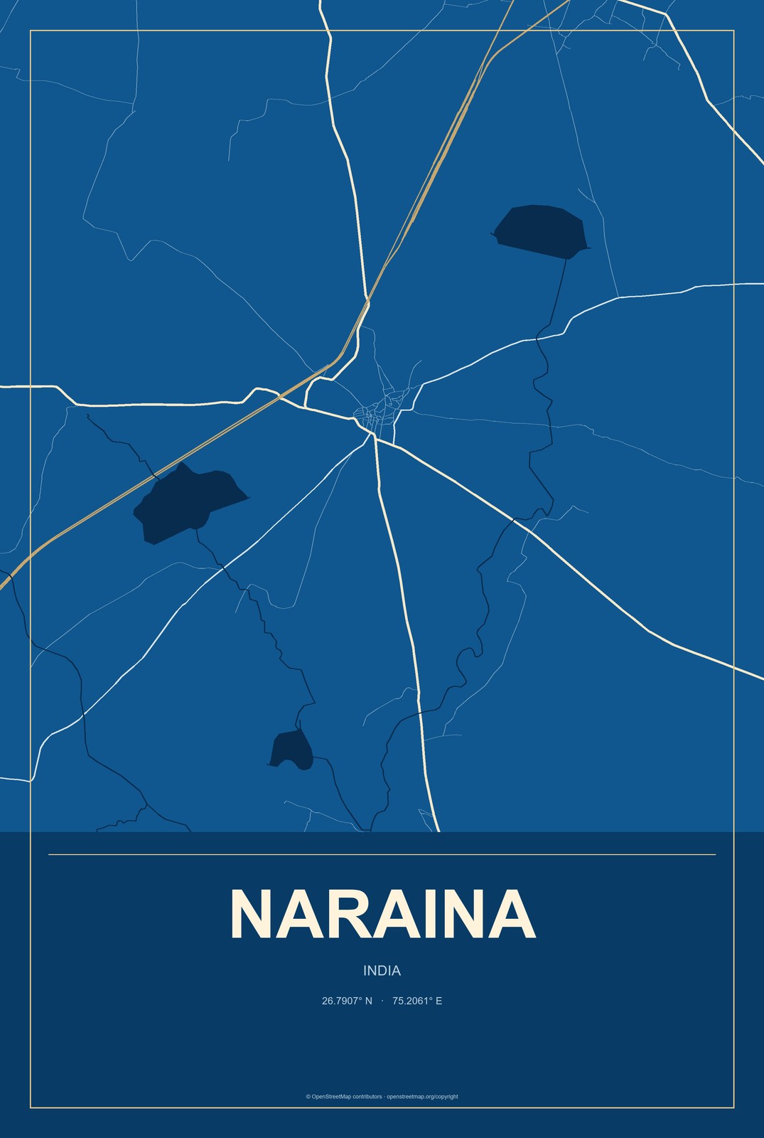 Naraina, India City Map Aluminum Sign in Harbor Cobalt style
