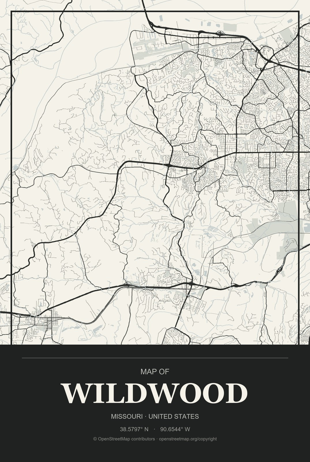 Wildwood, Missouri City Map Aluminum Sign in Museum Plaque style
