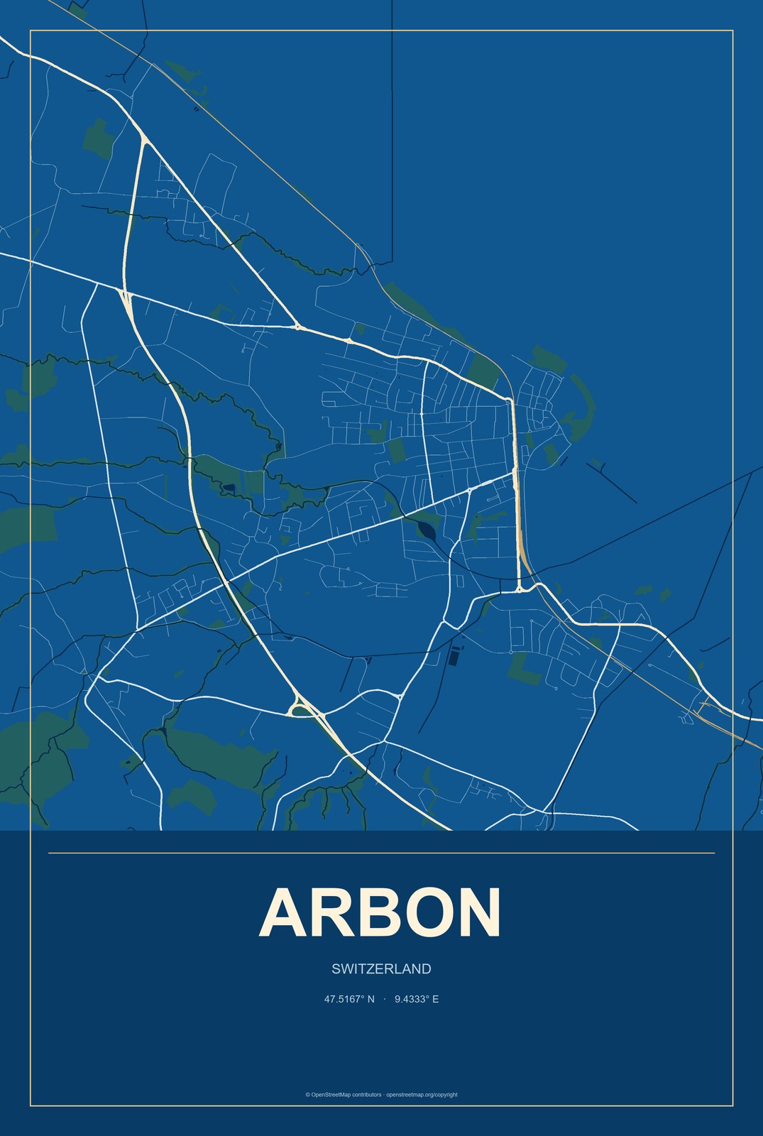 Arbon, Switzerland City Map Aluminum Sign in Harbor Cobalt style