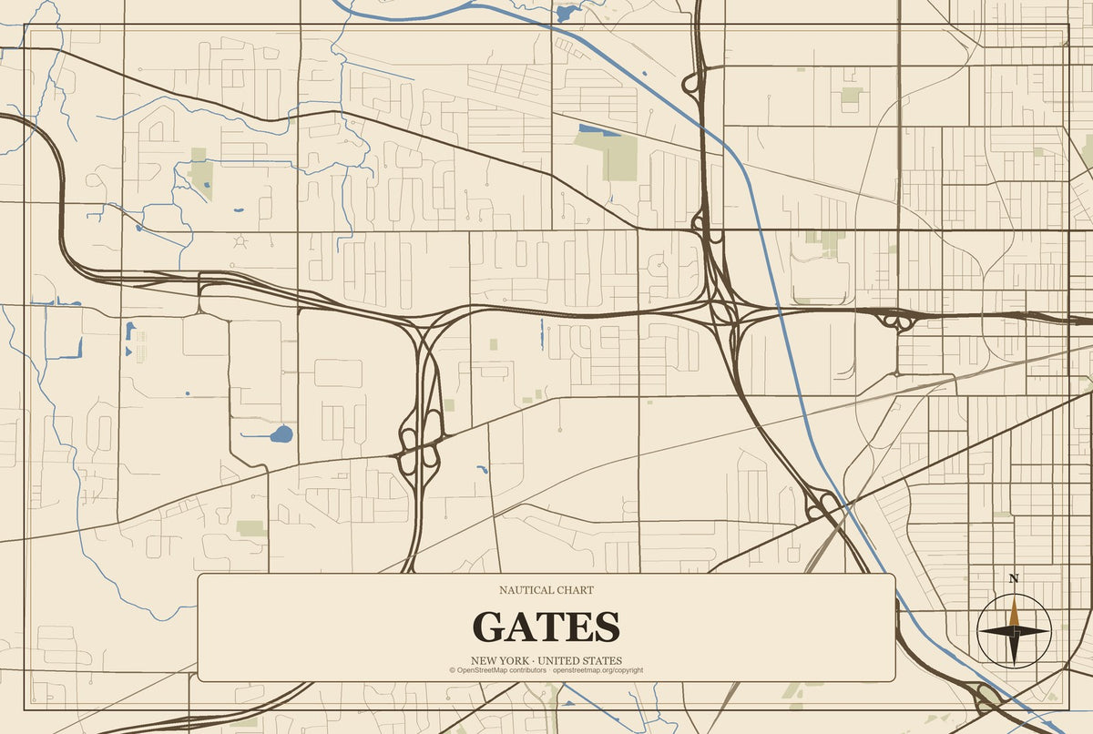 Gates, New York City Map Aluminum Sign in Heritage Nautical style