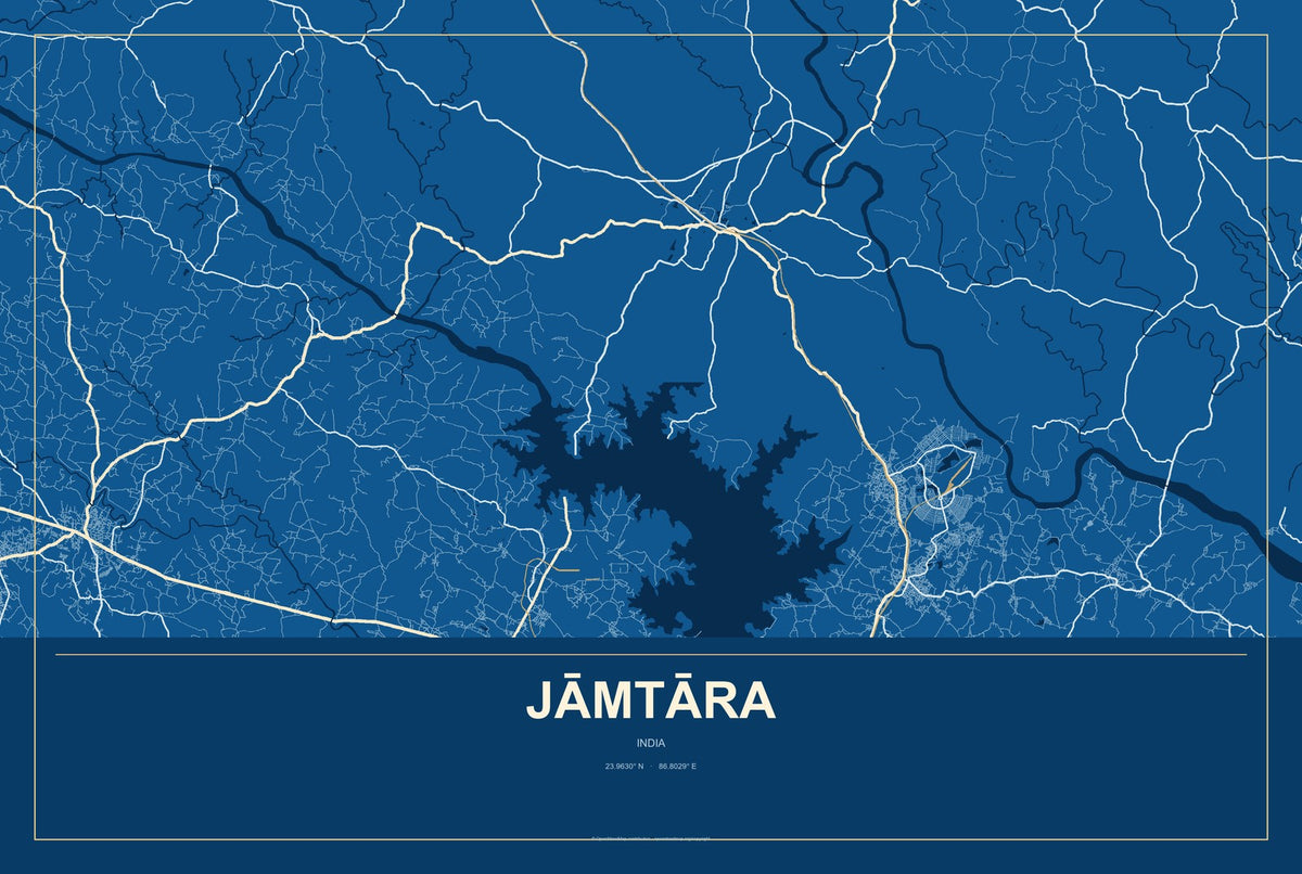 Jāmtāra, India City Map Aluminum Sign in Harbor Cobalt style