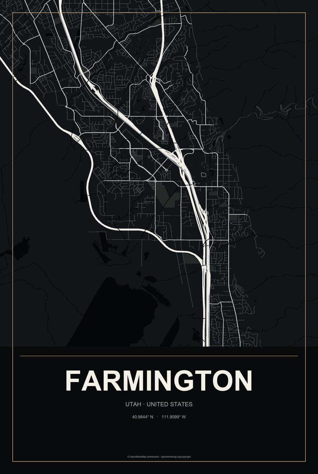 Farmington, Utah City Map Aluminum Sign in Metropolitan Noir style