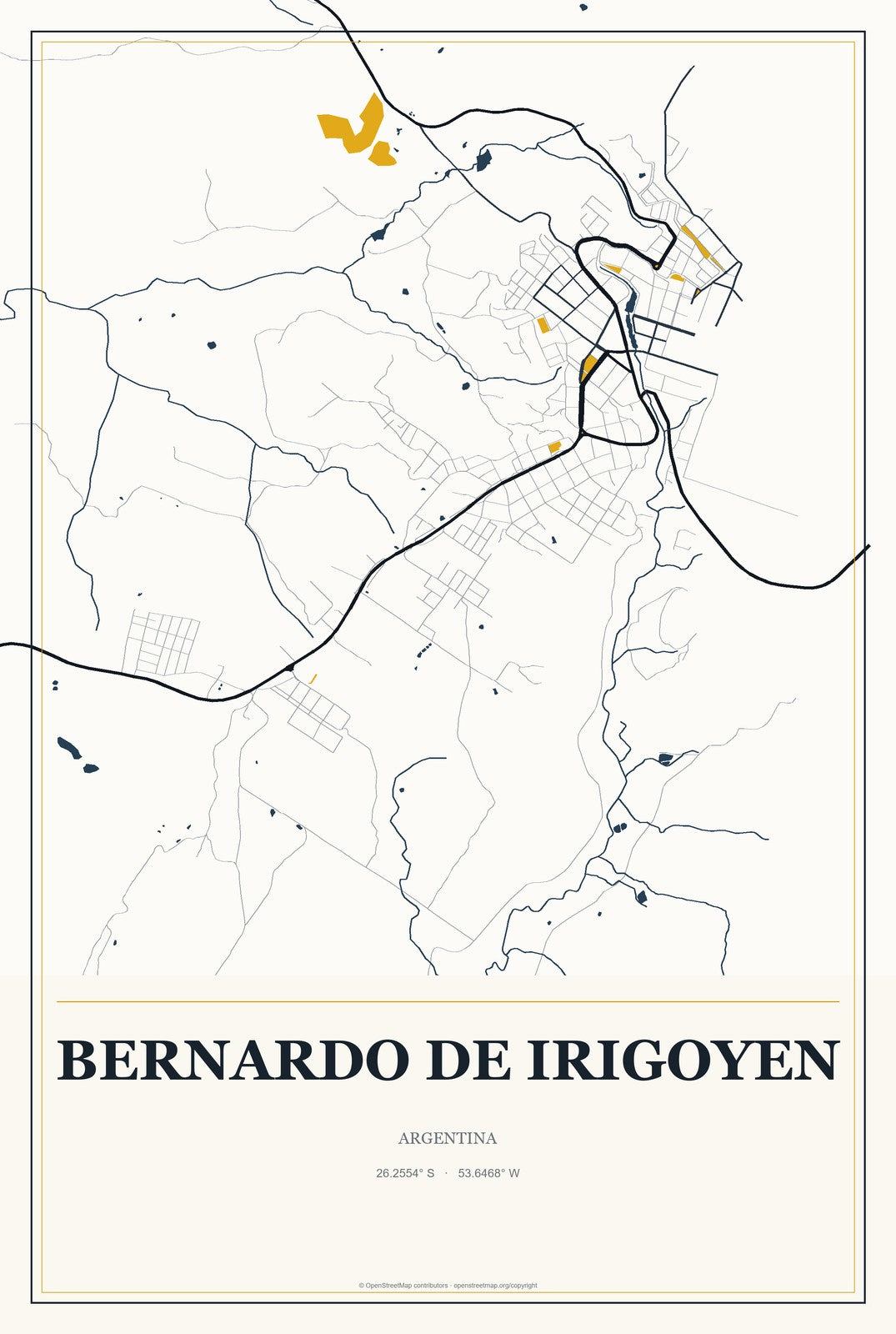 Bernardo de Irigoyen, Argentina City Map Aluminum Sign in Citrine Modern style