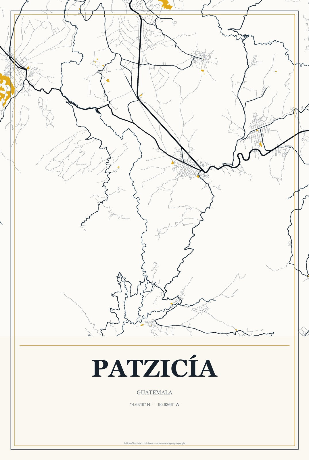 Patzicía, Guatemala City Map Aluminum Sign in Citrine Modern style