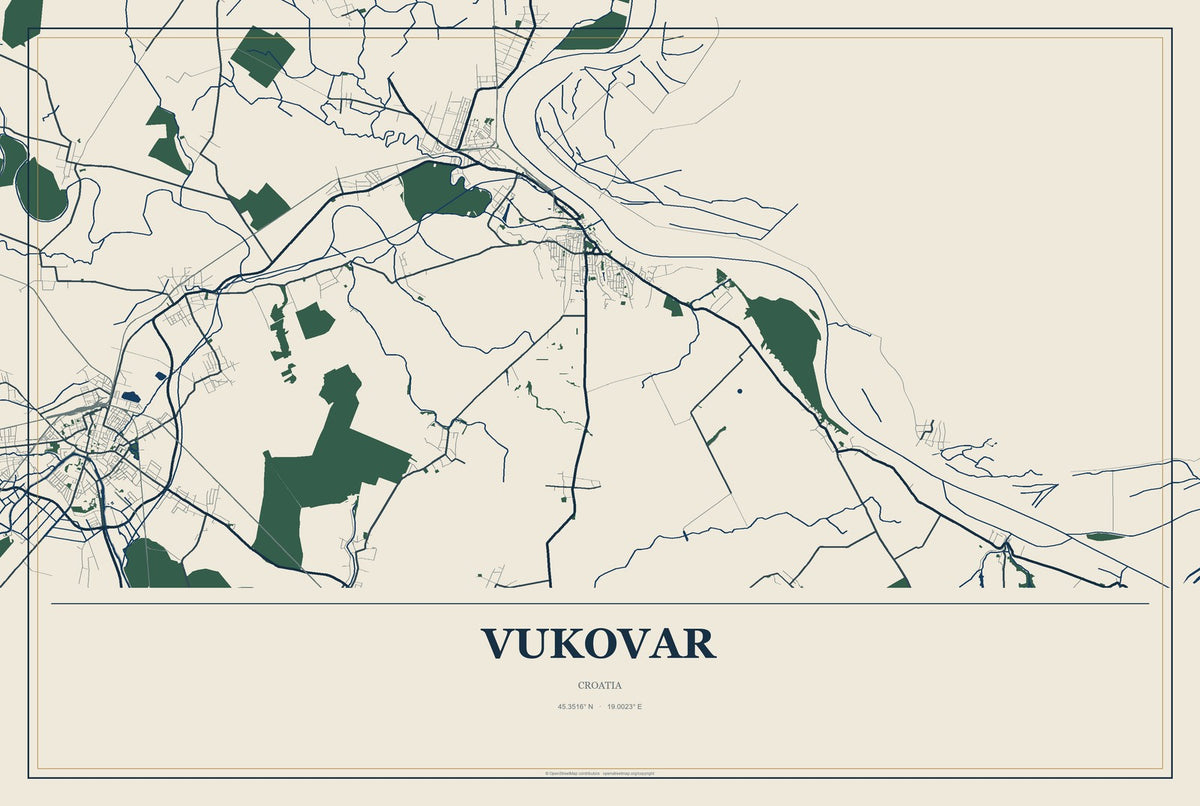 Vukovar, Croatia City Map Aluminum Sign in Coastal Cutout style