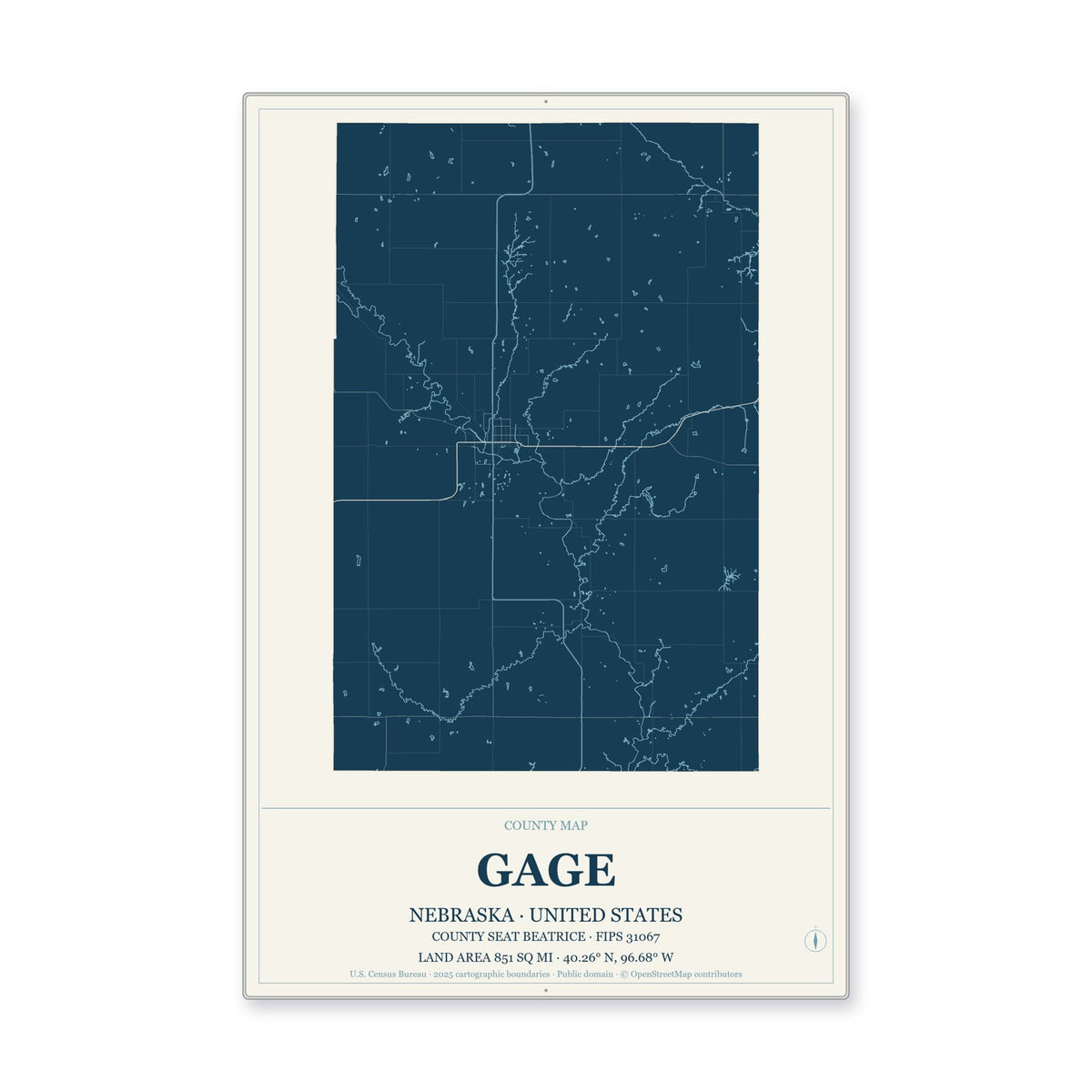 Gage County, Nebraska Map Aluminum Sign in Coastal Cutout style