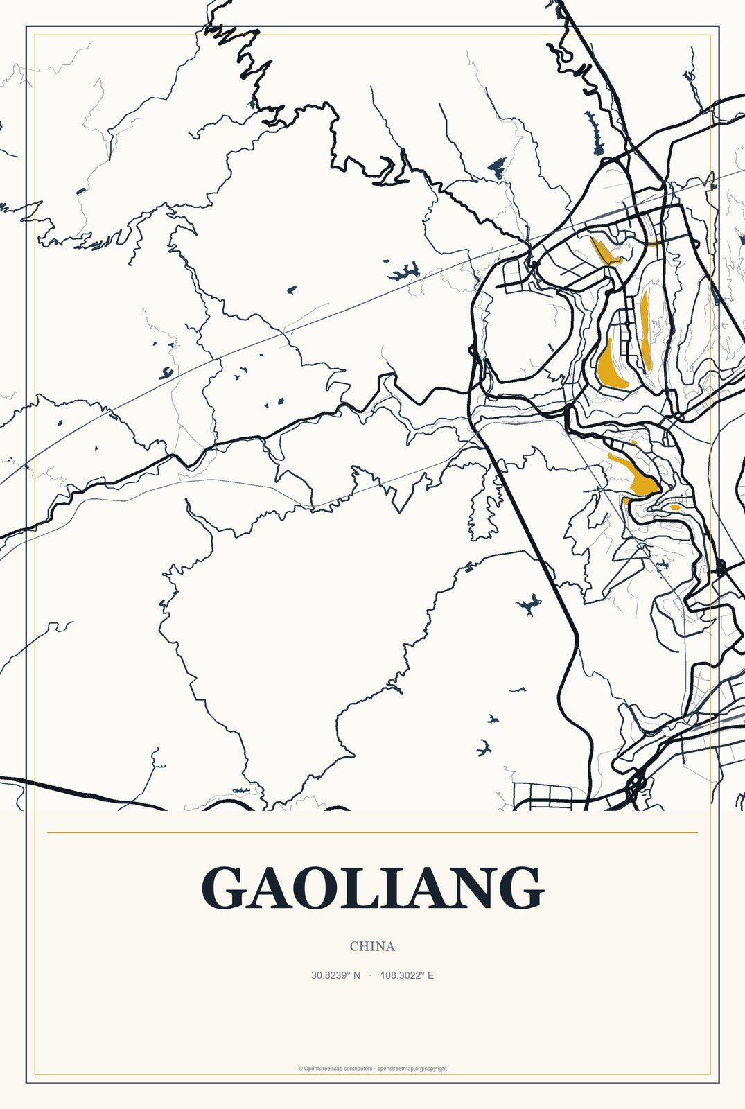 Gaoliang, China City Map Aluminum Sign in Citrine Modern style