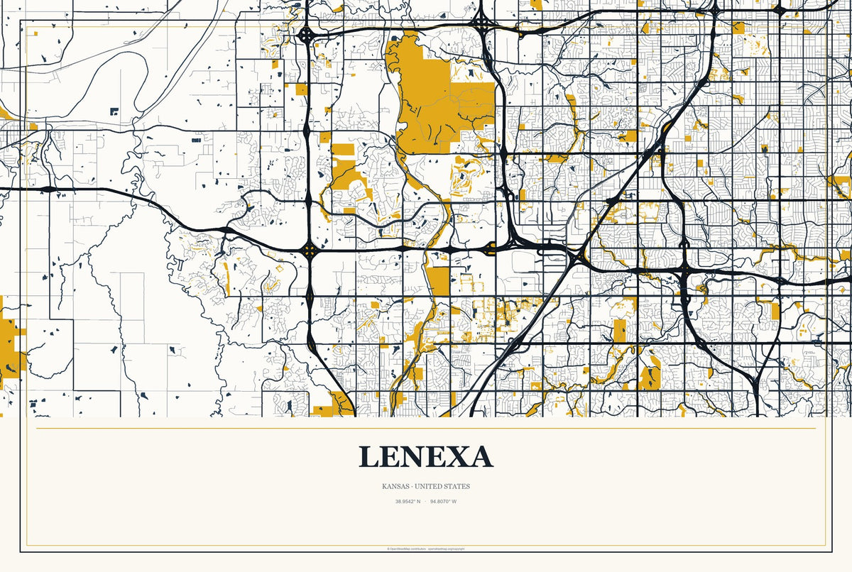 Lenexa, Kansas City Map Aluminum Sign in Citrine Modern style