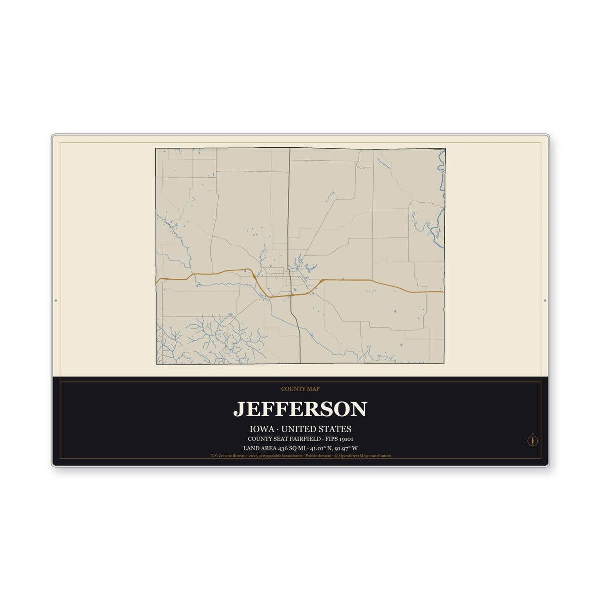 Jefferson County, Iowa Map Aluminum Sign in Museum Plaque style