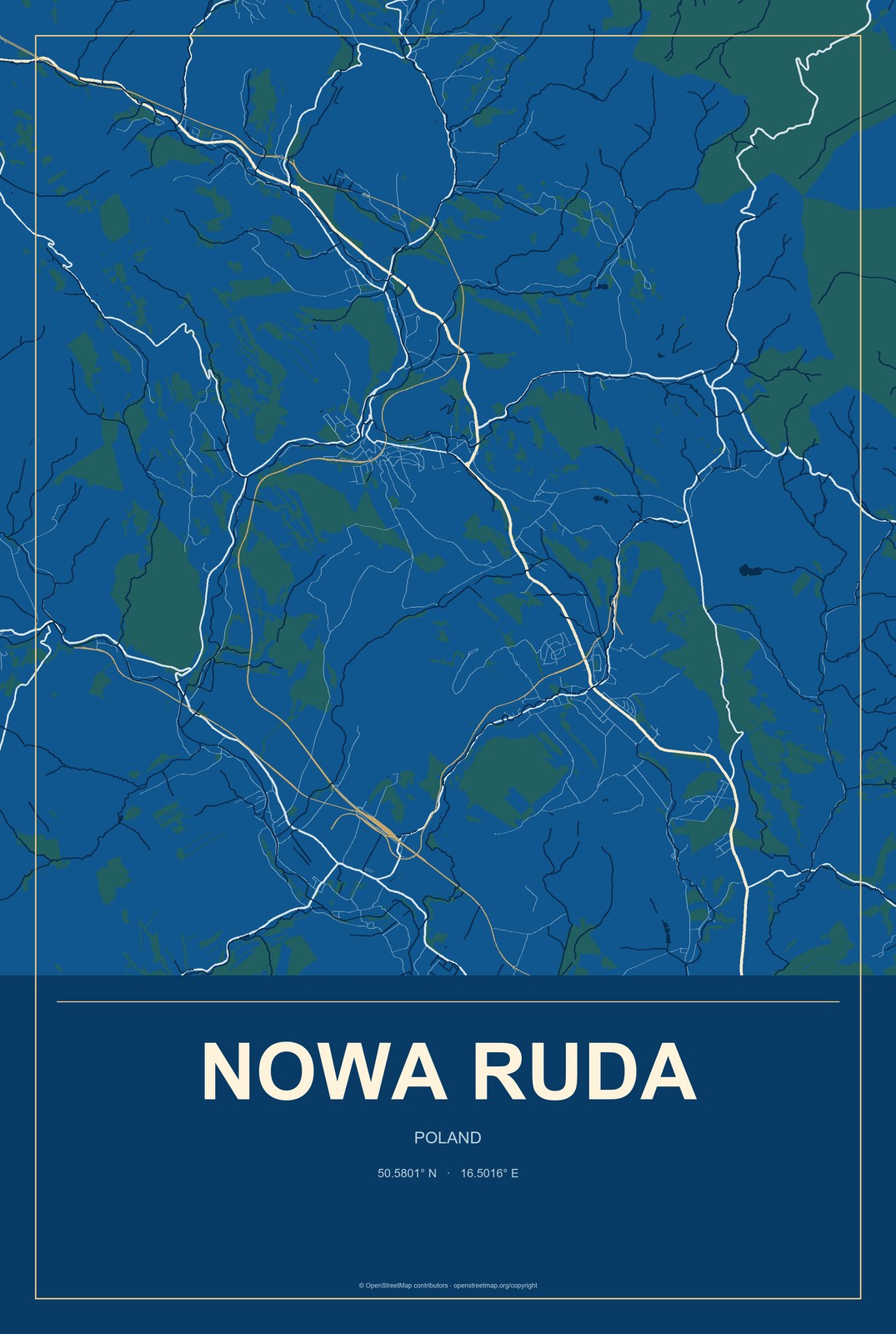 Nowa Ruda, Poland City Map Aluminum Sign in Harbor Cobalt style